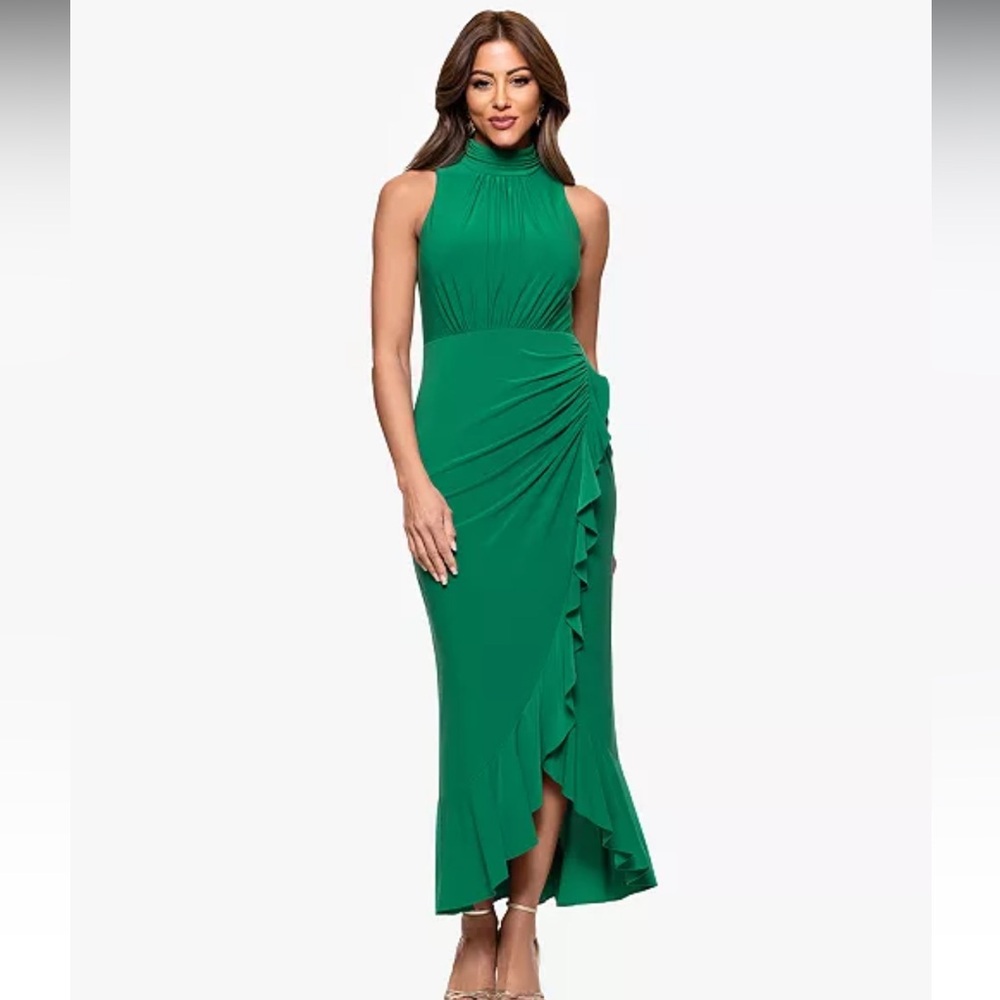 NWT XSCAPE Women's High-Neck Ruffled-Front Sheath Dress - Picture 6 of 15